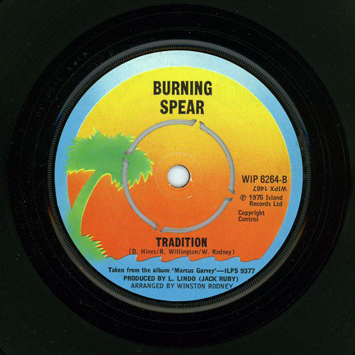 Image of Back Cover of 7" - /G+ - BURNING SPEAR, Old Marcus Garvey / Tradition (Island Records; WIP 6264, UK 1975, Plain Sleeve, 4 prong centre), Marks on disc. No centre. SWOL.,  - 3826321E