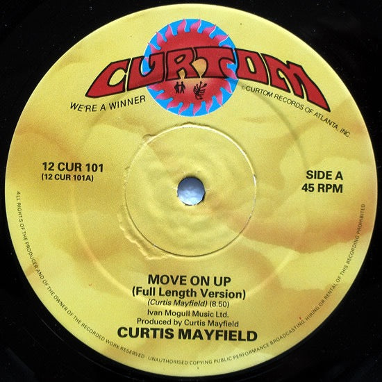 Image of Front Cover of 12" - /VG - CURTIS MAYFIELD, Move On Up (Curtom; 12CUR101, UK 1988, Plain Sleeve), Light marks only,  - 3316103C