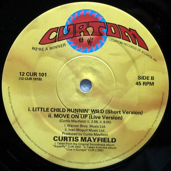 Image of Back Cover of 12" - /VG - CURTIS MAYFIELD, Move On Up (Curtom; 12CUR101, UK 1988, Plain Sleeve), Light marks only,  - 3316103C