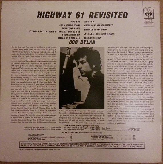 Image of Back Cover of LP - G+/VG - BOB DYLAN, Highway 61 Revisited (CBS Smooth Orange (33 1/3 On Label); SBPG 62572, UK 1960s Reissue, Matte Non-Flipback Sleeve, Stereo), Sleeve Discoloured on Front. Writing and Small Tear on Rear Sleeve,  - 2726066E