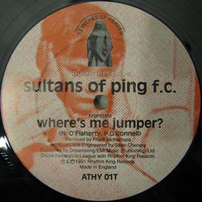 Image of Label Cover of 12" - VG/VG - SULTANS OF PING F.C., Where's Me Jumper? (Divine Records; ATHY 01T, Ireland 1991), Hairlines, edge & ring wear, top edge seam split,  - 3946247S