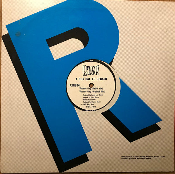 Image of Back Cover of 12" - VG/G - GUY CALLED GERALD, Voodoo Ray (Remix) (Rham; RX8804, UK 1989, Die Cut Company Sleeve), Extensive hairlines and scuffs across both sides. Sleeve is quite tattered and ringworn.,  - 3516622C