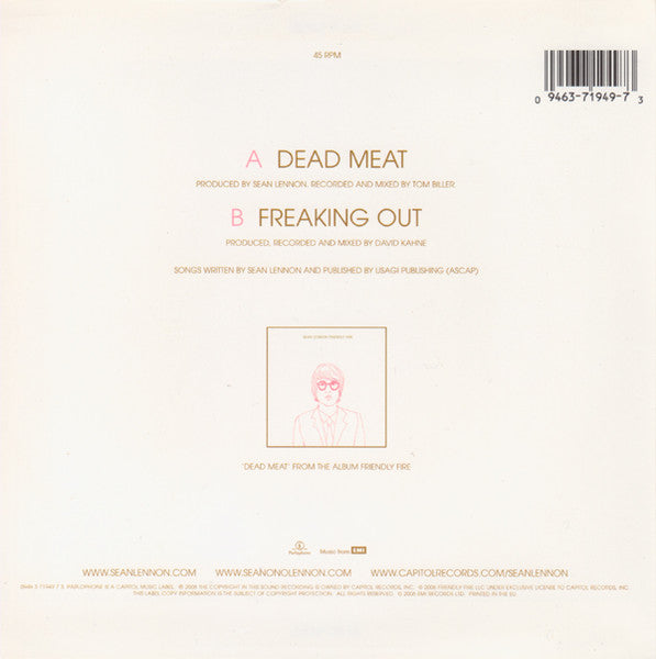 Image of Back Cover of 4634051E: 7" - SEAN LENNON, Dead Meat / Freaking Out (Parlophone; CL882, UK 2006, Picture Sleeve)   VG+/VG+