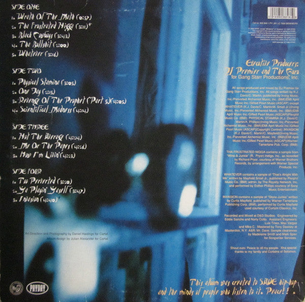 Image of Back Cover of 2xLP - G+/VG - JERU THE DAMAJA, Wrath Of The Math (Payday/ffrr; 828 846-1, Europe 1996), Frankenstein copy with sleeve and Disc 2 from the European pressing. However Disc 1 is from the USA pressing. Light hairlines on the discs. Sleeve has ringwear, edgewear, creases.,  - 2126291E