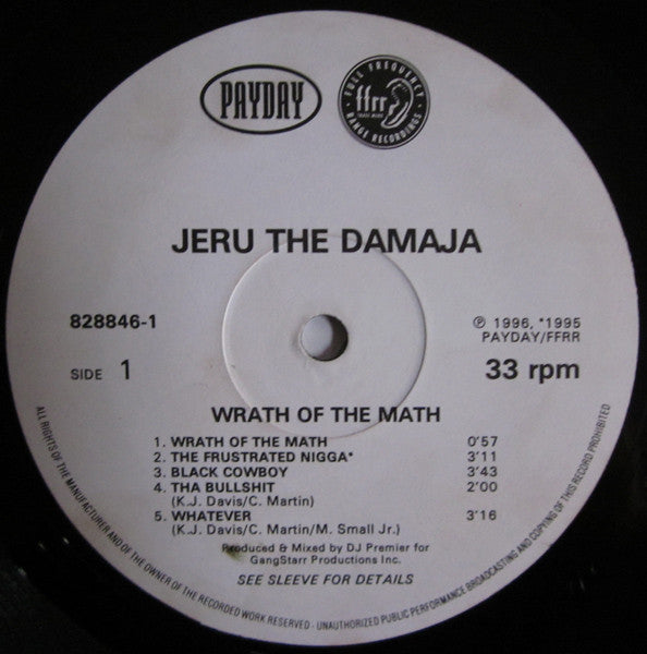 Image of Label Cover of 2xLP - G+/VG - JERU THE DAMAJA, Wrath Of The Math (Payday/ffrr; 828 846-1, Europe 1996), Frankenstein copy with sleeve and Disc 2 from the European pressing. However Disc 1 is from the USA pressing. Light hairlines on the discs. Sleeve has ringwear, edgewear, creases.,  - 2126291E