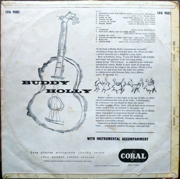 Image of Back Cover of 0346232S: LP - BUDDY HOLLY, Buddy Holly (Vogue Coral; LVA9085, UK 1958, Mono 1st Press) Plays through with some surface noise.  G+/G+