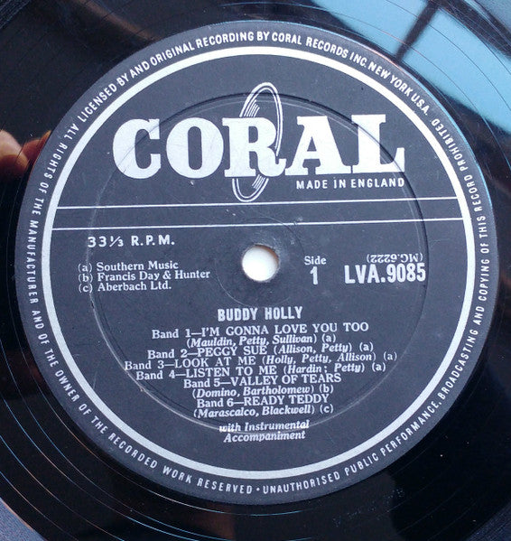 Image of Label Cover of 0346232S: LP - BUDDY HOLLY, Buddy Holly (Vogue Coral; LVA9085, UK 1958, Mono 1st Press) Plays through with some surface noise.  G+/G+