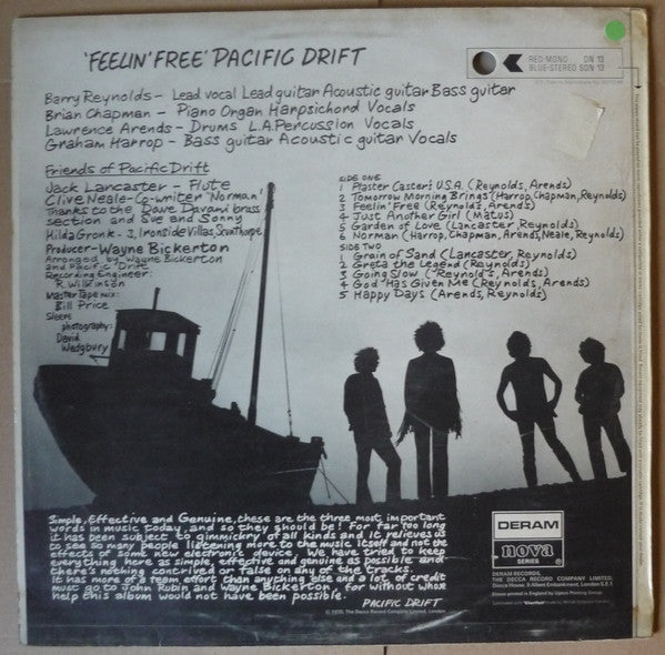 Image of Back Cover of LP - VG/VG+ - PACIFIC DRIFT, Feelin Free (Deram Nova Small Red Label; SDN 13, UK 1970, Laminated Front Sleeve, Company Inner, Stereo), A couple of the lightest hairlines only. Slightly bubbly Side One label. Sleeve has a small crease and hint of ringwear. A little discolouration on the rear. ,  - 4026007E