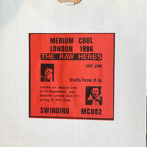 Image of Back Cover of 4624085E: 7" Flexidisc - THE RAW HERBS, Old Joe (Medium Cool; MC002, UK 1986, Pasted Prints On Plain Sleeve, One Sided Flexidisc)   VG+/VG+