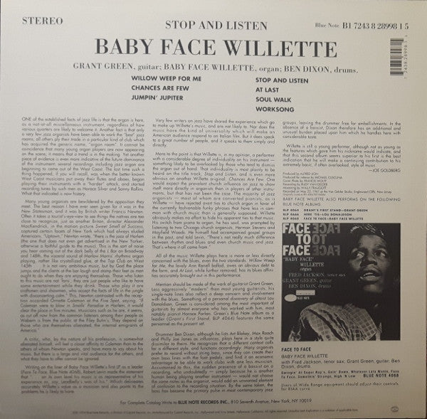 Image of Back Cover of LP - VG/VG+ - "BABY FACE" WILLETTE, Stop And Listen (Blue Note; B1 7243 8 28998 1 5, US , Limited Edition 180g vinyl), ,  - 3226409E