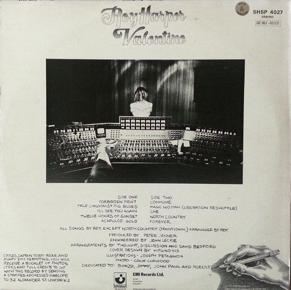 Image of Back Cover of LP - VG/VG - ROY HARPER, Valentine (Harvest Green, EMI On Rim, EMI Box; SHSP 4027, UK 1974, No Booklet), ,  - 3526198E
