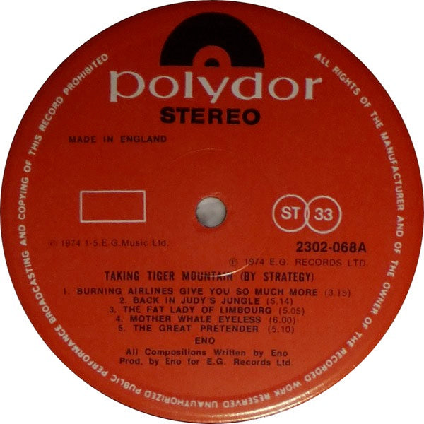 Image of Label Cover of LP - VG+/VG+ - BRIAN ENO, Taking Tiger Mountain (By Strategy) (Polydor; 2302 068, UK 1977 Reissue, Gatefold), ,  - 3816278C