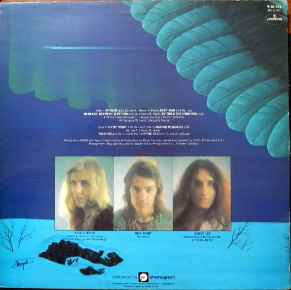 Image of Back Cover of LP - G+/VG - RUSH, Fly By Night (Mercury; 910 001-3, UK 1975, Insert), Gold Box With Two Gold Stars Printed Top Left Of Front Sleeve, Sticker Damage, Edge And Ring Wear, Tape Damage To Spine,  - 3926442E