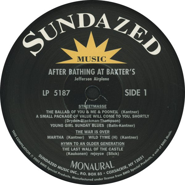 Image of Label Cover of LP - EX/EX - JEFFERSON AIRPLANE, After Bathing at Baxters (Sundazed; LP 5187, US 2005 Reissue, Gatefold, Inner, Mono, 180g Vinyl), Still In Opened Shrinkwrap With Hype Stickers,  - 3626088E