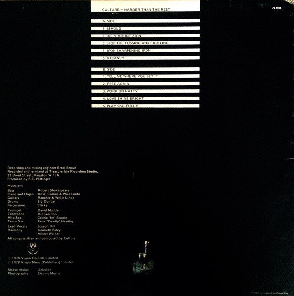 Image of Back Cover of LP - G+/G+ - CULTURE, Harder Than The Rest (Virgin / Front Line; FL 1016, UK 1978, Inner), Edge wear to sleeve. Lots of light marks to disc.,  - 2416356C