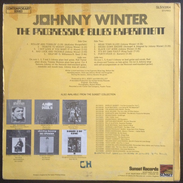 Image of Back Cover of LP - VG/VG - JOHNNY WINTER, The Progressive Blues Experiment (Sunset; SLS 50264, UK 1974 Reissue, Laminated Front Sleeve), Side 1 strong VG+, Side 2 is lightly fogged. ,  - 1516309C