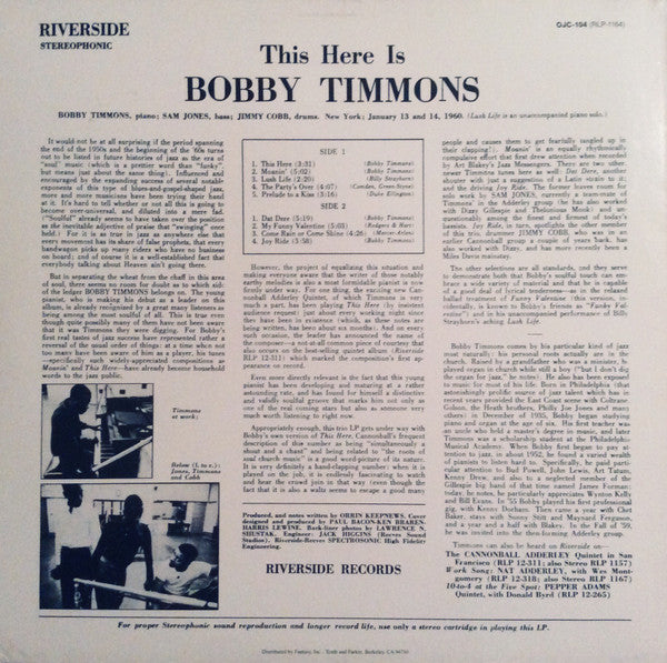 Image of Back Cover of LP - VG/VG - BOBBY TIMMONS, This Here Is (Riverside; OJC-104 / RLP-1164, US 1984 Reissue), ,  - 3326208E