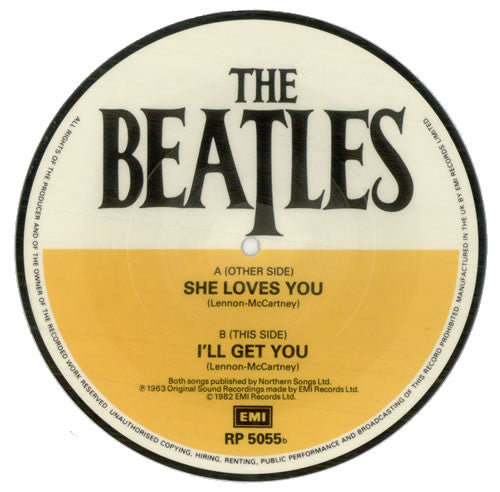 Image of Back Cover of 2154072S: 7" - THE BEATLES, She Loves You / I'll Get You (EMI; RP 5055, UK 1983 Reissue, Picture Disc)   /VG+