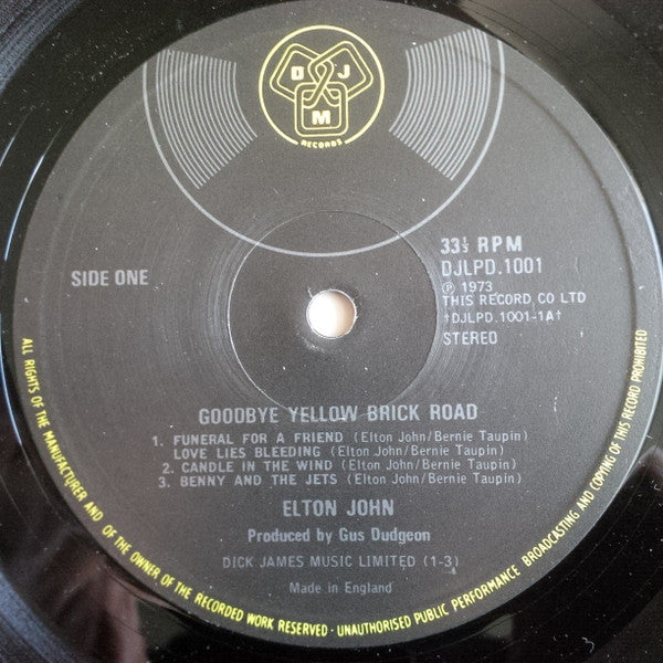 Image of Label Cover of 2xLP - VG+/VG - ELTON JOHN, Goodbye Yellow Brick Road (DJM Black Yellow and Silver; DJLPD 1001, UK 1978, Gatefold, Text Side Indicators), Strong VG,  - 4026190E