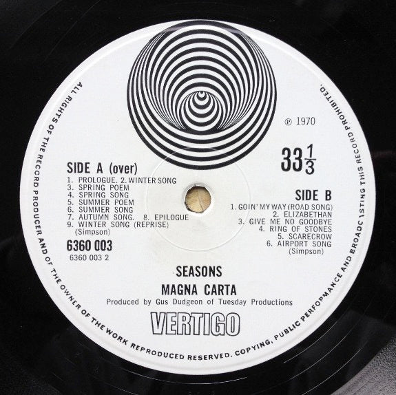 Image of Label Cover of LP - VG/G - MAGNA CARTA, Seasons (Vertigo Spiral - No 'A Philips Product' 1970 ABOVE 33 1/3; 6360 003, UK 1970, Gatefold, Spiral Inner), Swirl inner split down both sides, Sticker damage to sleeve, Hairlines and one nastier sirface mark. ,  - 3416330C