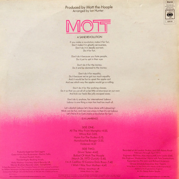 Image of Back Cover of 3644016S: LP - MOTT THE HOOPLE, Mott (CBS Orange ; 69038, UK 1973, Standard Sleeve, Inner) Hairlines, edge and ring wear, sticker mark  VG/VG