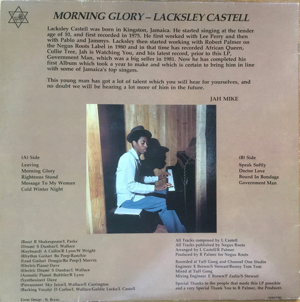 Image of Back Cover of 4915329C: LP - LACKSLEY CASTELL, Morning Glory  (Negus Roots; NERLP 002 , UK 1982) Loads of light lines and scuffs, plays through ok. Creases on sleeve, stain on bottom left corner, still looks nice.  VG/G+
