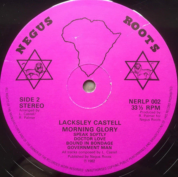 Image of Label Cover of 4915329C: LP - LACKSLEY CASTELL, Morning Glory  (Negus Roots; NERLP 002 , UK 1982) Loads of light lines and scuffs, plays through ok. Creases on sleeve, stain on bottom left corner, still looks nice.  VG/G+