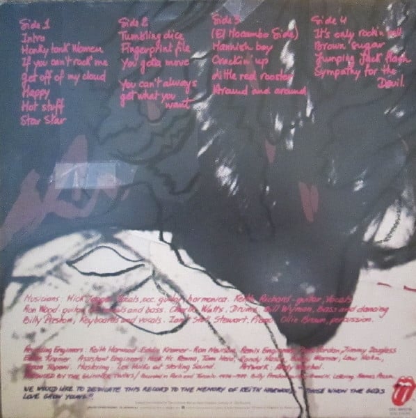 Image of Back Cover of 2844131S: 2xLP - THE ROLLING STONES, Love You Live (Rolling Stones; COC89101, UK 1977, Gatefold, 2 Inners) Clean discs, Sleeve has a small sticker stain  VG/VG+