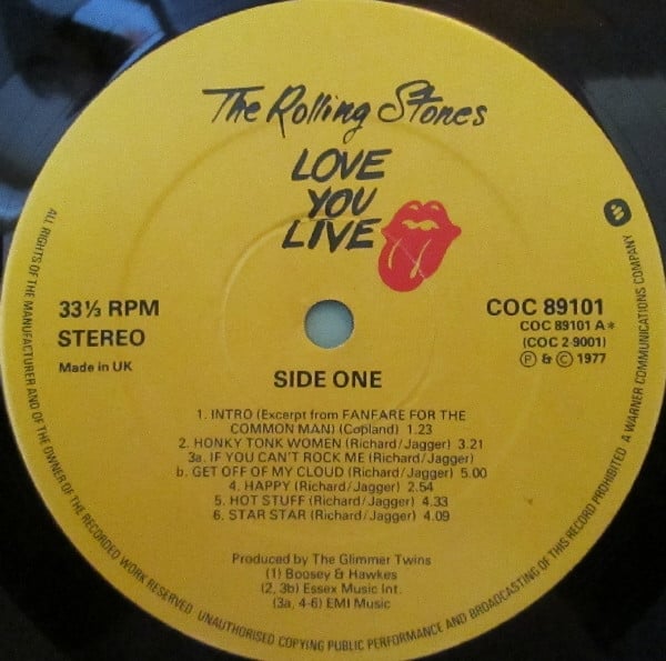 Image of Label Cover of 2844131S: 2xLP - THE ROLLING STONES, Love You Live (Rolling Stones; COC89101, UK 1977, Gatefold, 2 Inners) Clean discs, Sleeve has a small sticker stain  VG/VG+