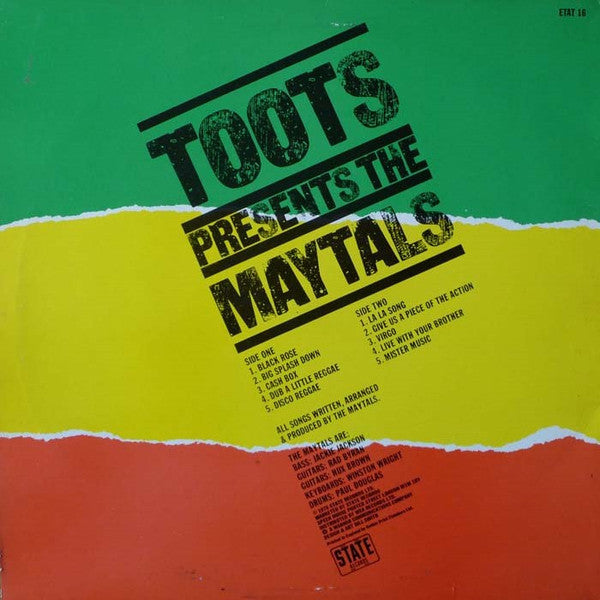 Image of Back Cover of 4944290S: LP - THE MAYTALS, Toots Presents The Maytals  (State Records; ETAT 16 , UK 1978) Edge and Ring Wear  VG/VG