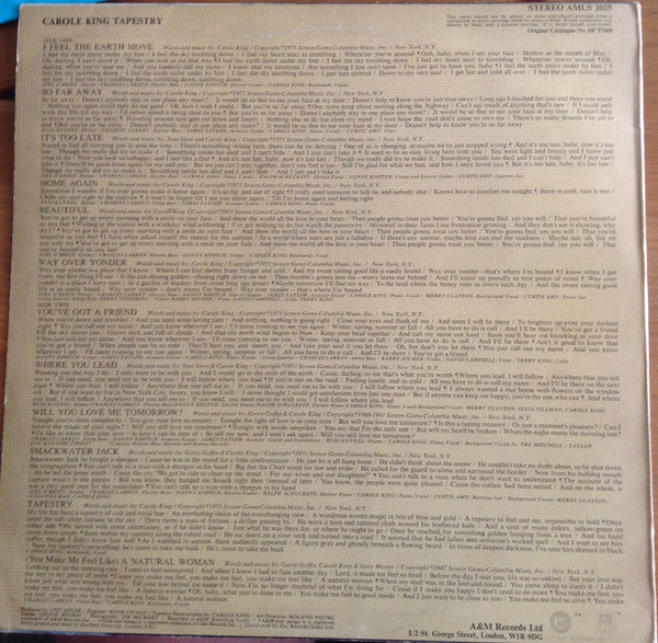 Image of Back Cover of LP - VG/VG - CAROLE KING, Tapestry (A&M Tan With Black And White Ode Logo; AMLS2025, UK 1971), A few light hairlines,  - 3516086C