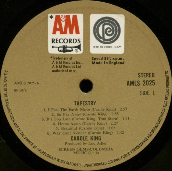 Image of Label Cover of LP - VG/VG - CAROLE KING, Tapestry (A&M Tan With Black And White Ode Logo; AMLS2025, UK 1971), A few light hairlines,  - 3516086C