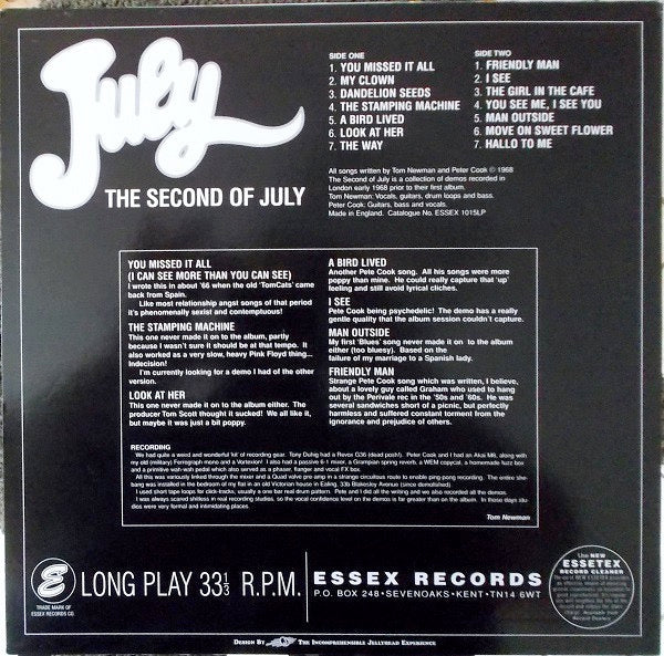 Image of Back Cover of 2114211C: LP - JULY, The Second of July (Essex; 1015LP, UK 1997) Small sticker damage on sleeve.  VG+/VG+