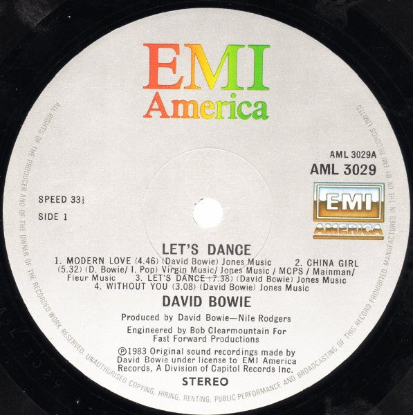 Image of Label Cover of LP - VG/G - DAVID BOWIE, Let's Dance (EMI America; AML 3029, UK 1983, Inner With Rounded Corners, "Nickz" / "Nickz Penthouse" Runouts), Sleeve has edge wear & small sticker damage.,  - 3016194C