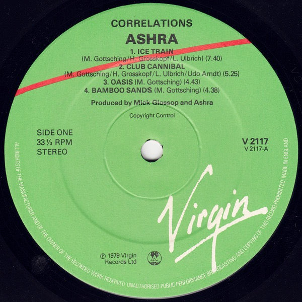 Image of Label Cover of LP - G/G+ - ASHRA, Correlations (Virgin Green/Red; V 2117, UK 1979), Sleeve Intact, Cellotaped Edges, Sticker Damage, Stickered Stamped Label,  - 2846074S