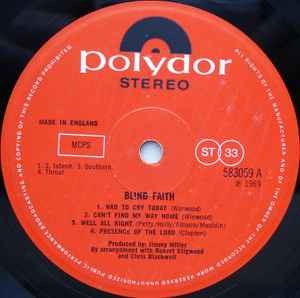 Image of Label Cover of LP - VG/G - BLIND FAITH, Blind Faith (Polydor Red; 583 059, UK 1969, Gatefold, Distributed By Polydor & Island Credit Inside Gatefold), ,  - 1126030E