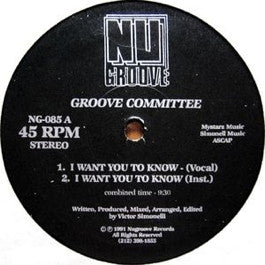 Image of Front Cover of 12" - /VG - GROOVE COMMITTEE, I Want You To Know (Nu Groove; NG-085, US 1991, Plain Sleeve), Light marks only. Does not affect play., A1 I Want You To Know (Vocal)A2 I Want You To Know (Inst.)B1 Rain On MeB2 Lets Groove It - 2346346S