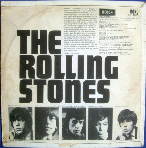 Image of Back Cover of 4614231C: LP - THE ROLLING STONES, The Rolling Stones (Decca Red Unboxed, Label X on Discogs; LK 4605, UK 1964, Flipback Sleeve - B1 on Discogs, 2nd Pressing Mono, I Need You Baby listing) Light Marks only, Plays loud and clear, Sleeve is intact but is discoloured on back, Has laminate bubbling, ring wear and a name written on the back  G+/G+