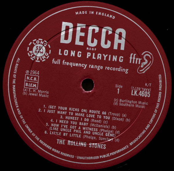 Image of Label of 3624111E: LP - THE ROLLING STONES, The Rolling Stones (Decca Red Unboxed, Label X on Discogs; LK 4605, UK 1964, Flipback Sleeve - B1 on Discogs, 2nd Pressing Mono, I Need You Baby listing) Light marks on vinyl. Creasing and ringwear on sleeve, staining to back sleeve.  VG/G+