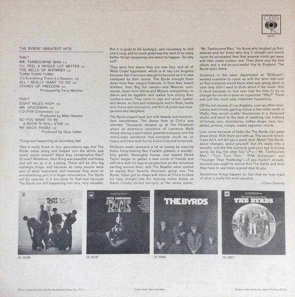 Image of Back Cover of LP - VG/VG - THE BYRDS, Greatest Hits (CBS Orange ; 63107, UK 1967, Laminated Front Sleeve, Pinched Spine, Mono), Strong VG, Company Inner Which Is Stickered,  - 1126135E