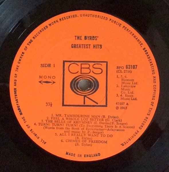 Image of Label Cover of LP - VG/VG - THE BYRDS, Greatest Hits (CBS Orange ; 63107, UK 1967, Laminated Front Sleeve, Pinched Spine, Mono), Strong VG, Company Inner Which Is Stickered,  - 1126135E