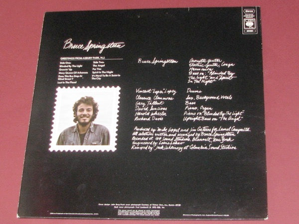 Image of Back Cover of 2544064S: LP - BRUCE SPRINGSTEEN, Greetings From Asbury Park (CBS Orange/Yellow; 65480, UK 1970s Reissue, Single Sleeve, Insert, Made In England at Bottom of Label) Light ring and edge wear, small sticker damage  VG/VG+