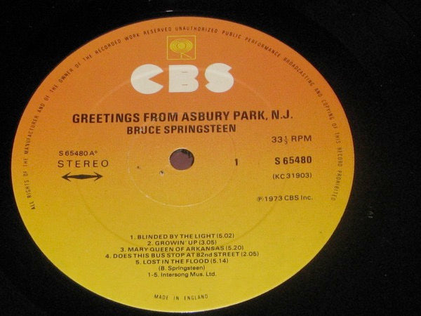 Image of Label Cover of 2544064S: LP - BRUCE SPRINGSTEEN, Greetings From Asbury Park (CBS Orange/Yellow; 65480, UK 1970s Reissue, Single Sleeve, Insert, Made In England at Bottom of Label) Light ring and edge wear, small sticker damage  VG/VG+