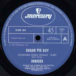 Image of Back Cover of 4523275E: 12" - JONESES / GABOR SZABO , Sugar Pie Guy / Keep Smiling (Mercury; 9198 184, UK 1979, Stickered Company Sleeve) tear on top right of sleeve & sticker on sleeve. Writing on 'Title'/ artist' sticker on sleeve - General wear to sleeve. Disc is excellent.  G+/VG+