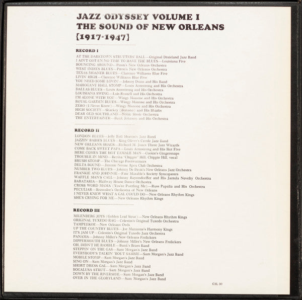 Image of Back Cover of 4924007E: 3xLP - VARIOUS, The Sound Of New Orleans (1917-1947) - Jazz Odyssey volume 1 (Columbia; C3L 30, US 1964, Box Set, Booklet) Some foxing and edge/cornerwear to sleeve.  VG/VG+