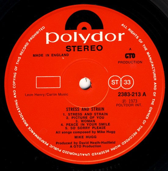 Image of Label Cover of LP - VG/VG - MIKE HUGG, Stress And Strain (Polydor; 2383 213, UK 1973), ,  - 0426031E
