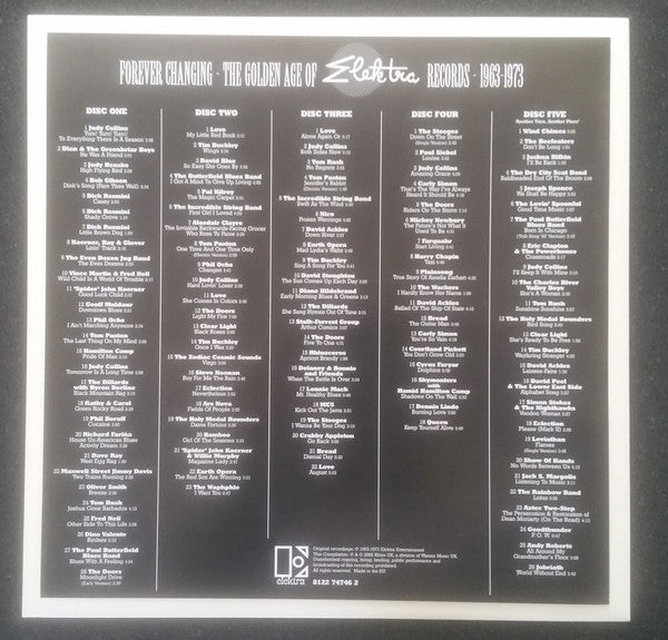 Image of Back Cover of 3155092S: 5xCD - VARIOUS, Forever Changing  - The Golden Age Of Elektra Records - 1963 - 1973 - Deluxe Edition (Rhino Records; 8122474462, UK 2006, Box Set, Book, Postcards, Numbered Limited Edition, Includes 2 Pins, Photography Prints)   VG+/EX