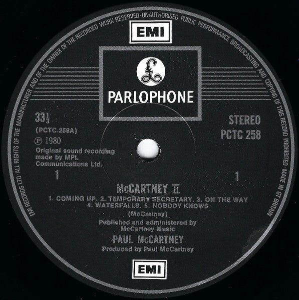 Image of Label Cover of 4644381S: LP - PAUL MCCARTNEY, McCartney II (MPL; PCTC 258, UK 1980, Gatefold, Inner, Etched Matrix) Strong VG+  VG+/VG+