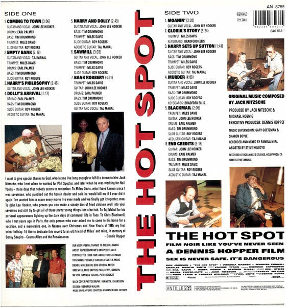 Image of Back Cover of LP - VG/VG - JOHN LEE HOOKER, MILES DAVIS, TAJ MAHAL, ROY ROGERS, TIM DRUMMOND, EARL PALMER, BRADFORD ELLIS, JACK NITZSCHE, The Hot Spot (Original Motion Picture Soundtrack) (Antilles; AN 8755, Europe 1990), Edge Wear,  - 2316437C