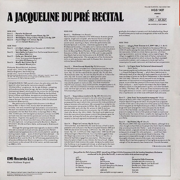 Image of Back Cover of LP - VG/VG - JACQUELINE DU PRE, A Jacquline Du Pre Recital (HMV Red, Large Semi-Circular Nipper Box; HQS 1437, UK 1982), Strong VG,  - 0726111E